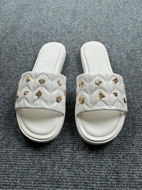 KARL LAGERFELD Paris Carenza Studded Flat Slide White Sandals Women's US 7M